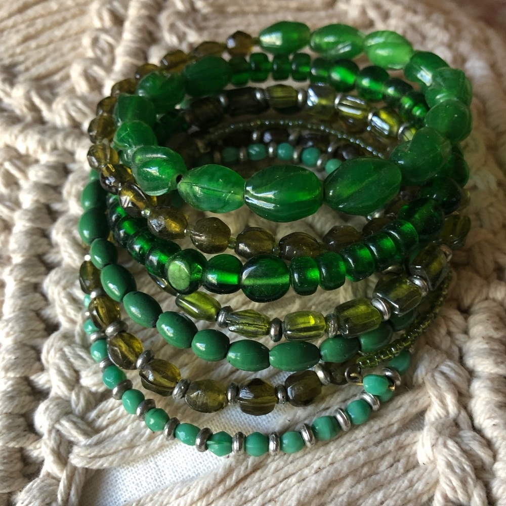 Bracelet Beaded Green and Silver
